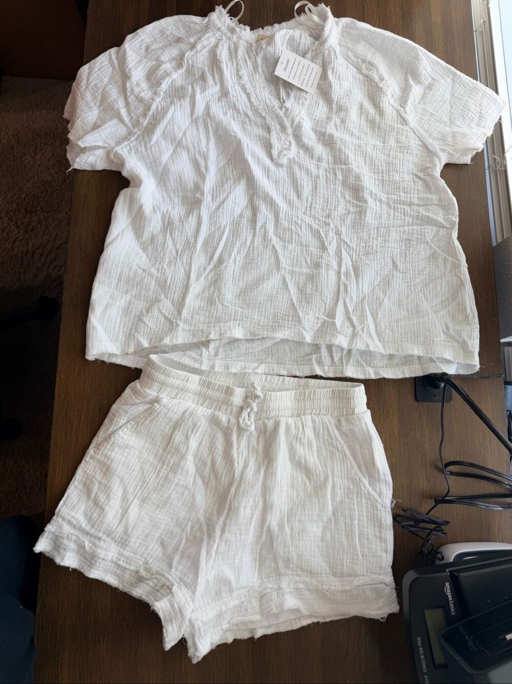New in White Gauze Short Sleeve Top & Drawstring Shorts Set Size S NWT